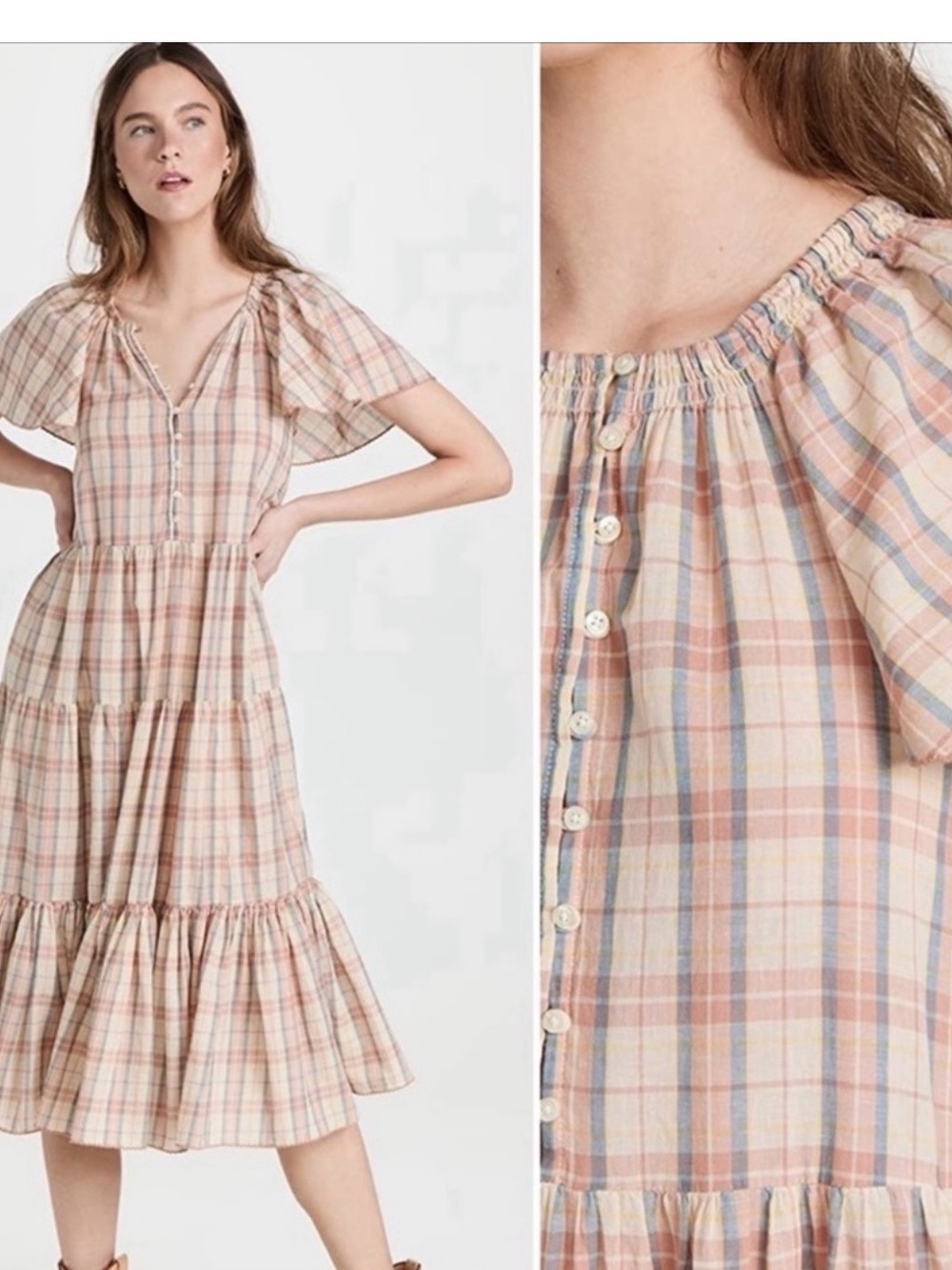 THE GREAT. Plaid Tiered Maxi Dress in Beige and Rust - Picture 3 of 9